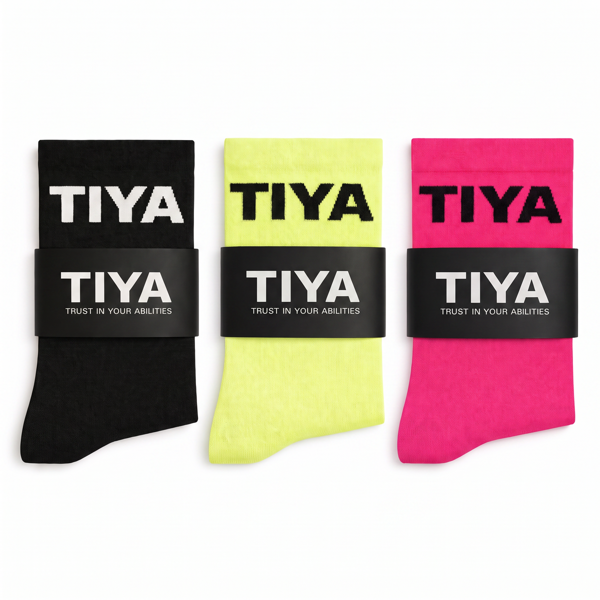 TIYA Running Socks 3-Pack – black, yellow and pink pairs on white background