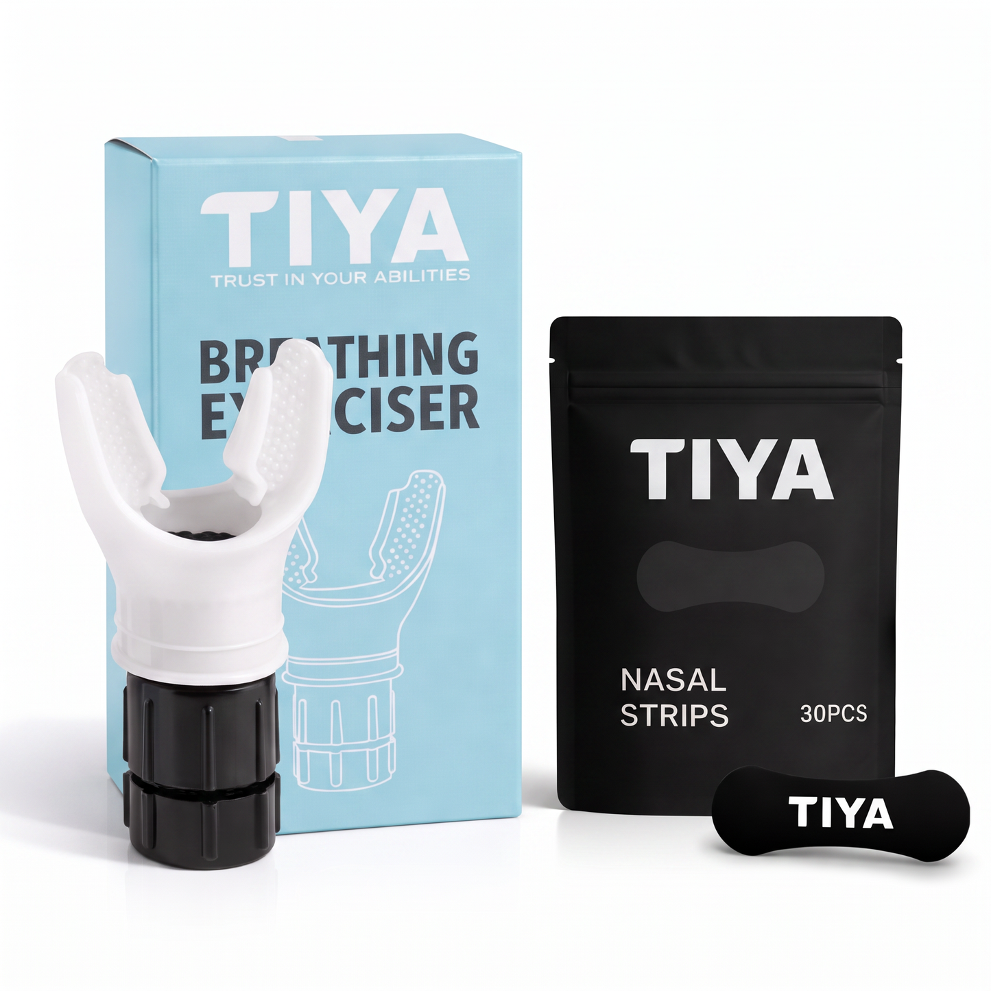 Breathe Easy Bundle White – TIYA breathing exerciser and nasal strips 30-pack on white background