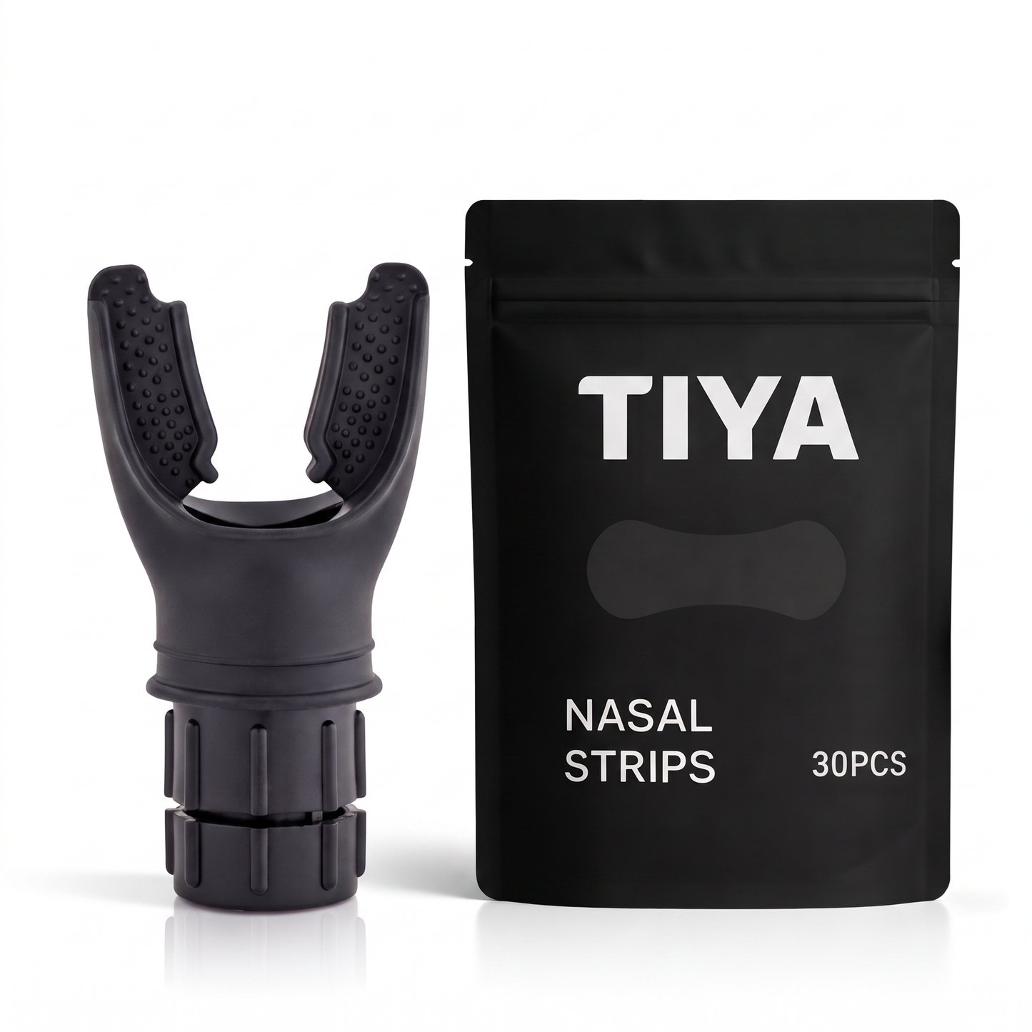 Breathe Easy Bundle Black – TIYA breathing exerciser and nasal strips 30-pack on white background
