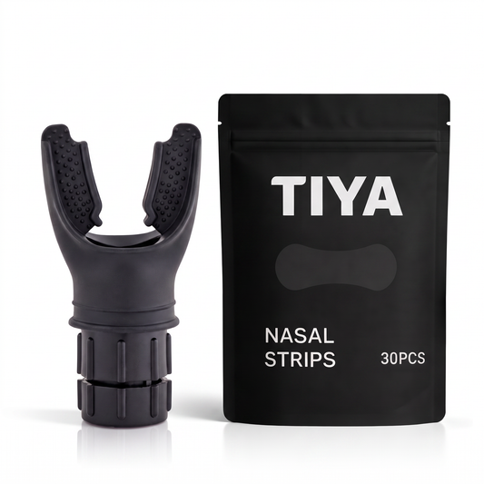 Breathe Easy Bundle Black – TIYA breathing exerciser and nasal strips 30-pack on white background