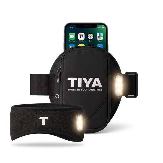 Night Runner Bundle – TIYA light-up arm phone holder and light-up running headband on white background
