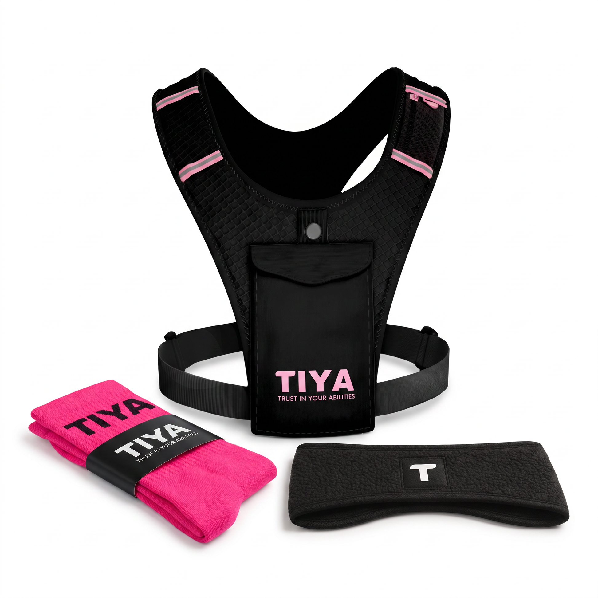 Run Ready Bundle Black/Pink – TIYA phone holder vest, running socks and headband on white background