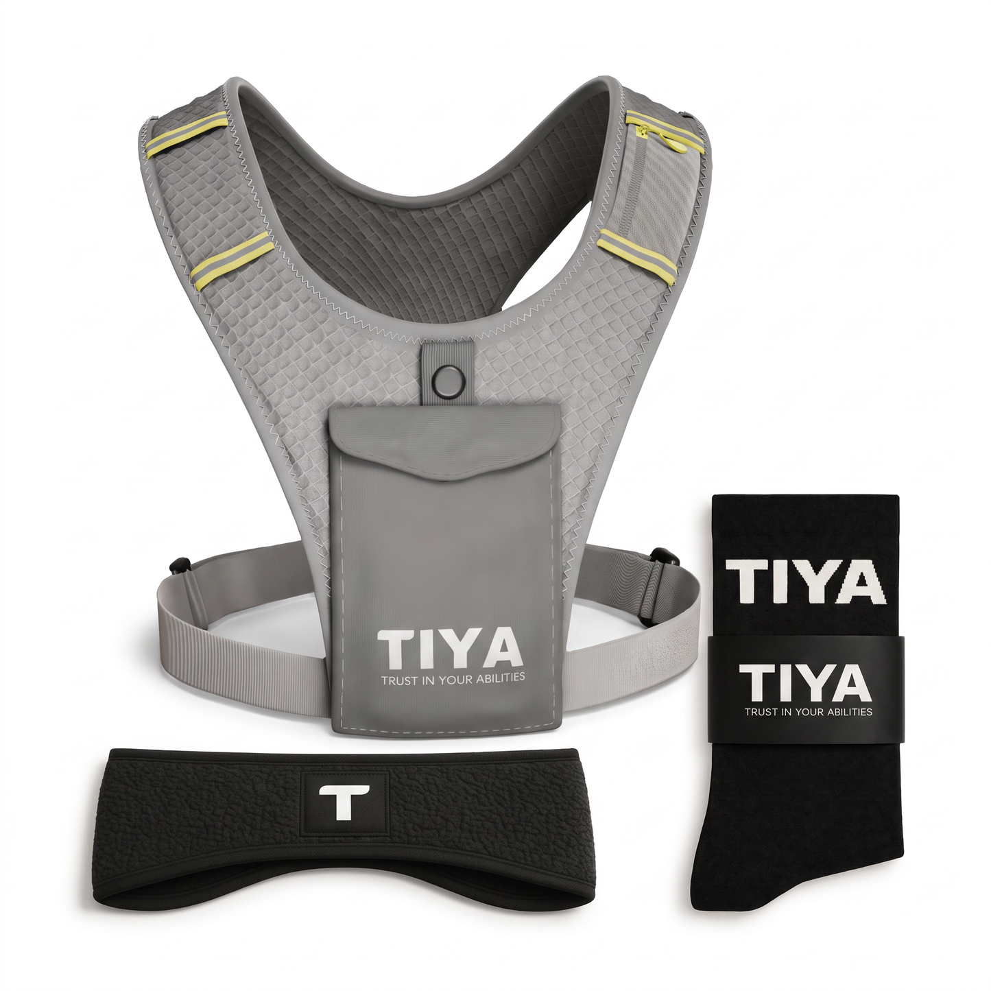 Run Ready Bundle Grey – TIYA phone holder vest, running socks and headband on white background