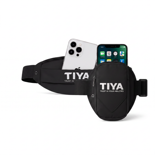 Everyday Carry Duo – TIYA Running Belt Waist Bag and Arm Phone Holder bundle on white background