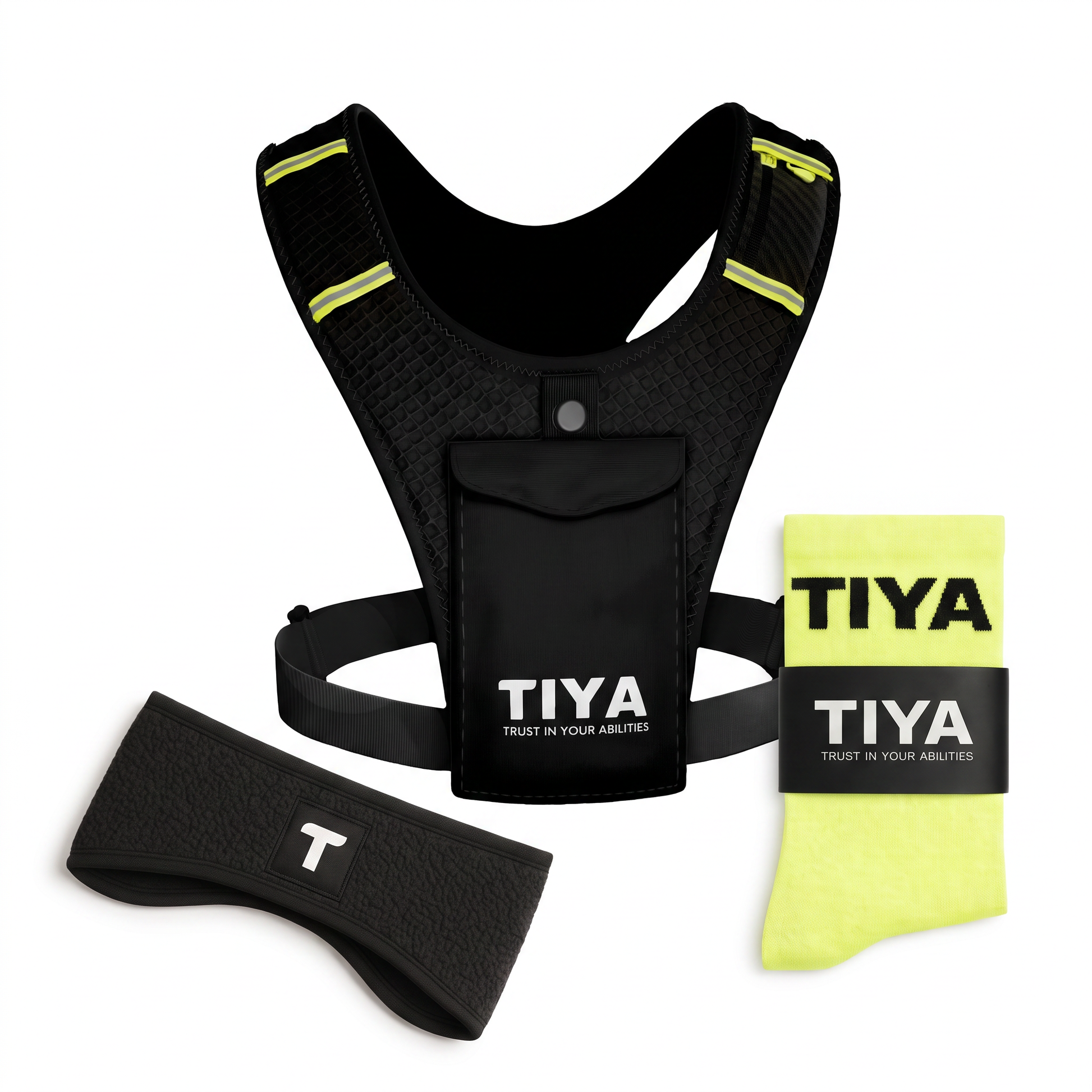 Run Ready Bundle Black/Yellow – TIYA phone holder vest, running socks and headband on white background
