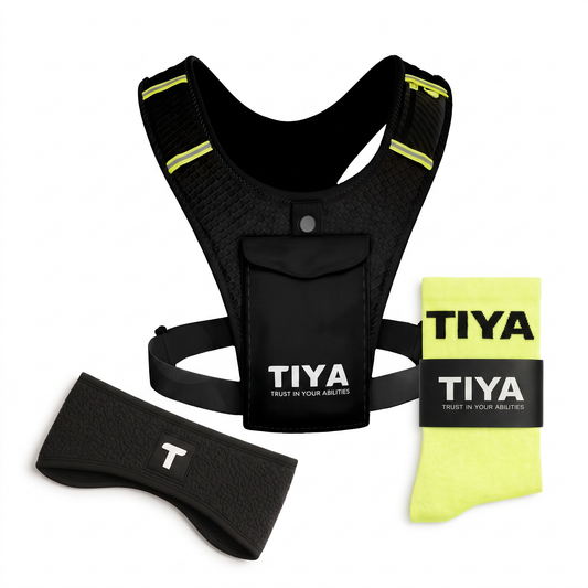 Run Ready Bundle Black/Yellow – TIYA phone holder vest, running socks and headband on white background